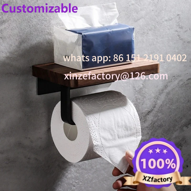 Customizable Holder-No Drill Wall-Mounted Organizer with Phone Shelf Solid Wood Paper Roll RaModern Walnut Bathroom Tissue