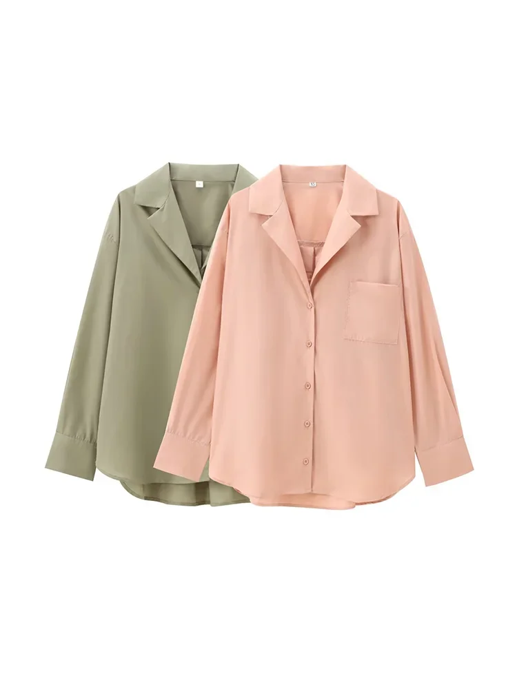 LIBIELIY Women's 2024 Autumn European And American Style Loose Versatile Commuter Pocket Decoration Poplin Shirt