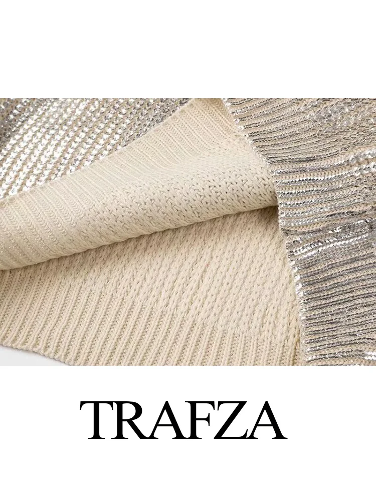 TRAFZA Women Fashion Knitted Tops Solid Round Collar Medium Long Metal Decorate Pullovers Female Spring Long Sleeve Sweater