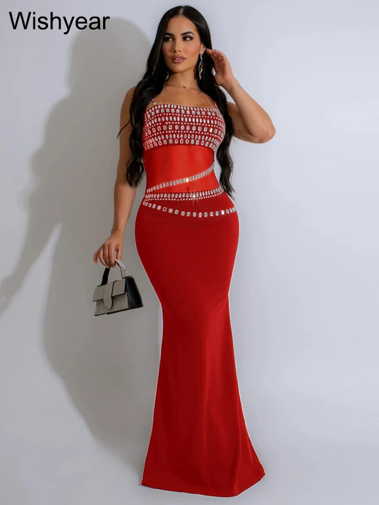 New Evening Party Women Mesh See Though Rhies Strap Sleeveless Red Maxi Dress Mermaid Birhtday Prom Vestidos Robe