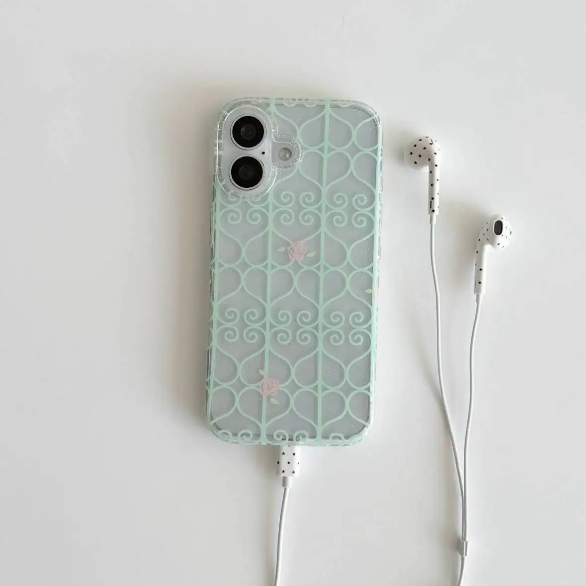 Mint Green Iron Window Pink Rose Transparent Phone Case For iPhone 18 17 Air 16 Pro Max 15 14 Plus 13 Mini 12 11 Soft Back Cover
