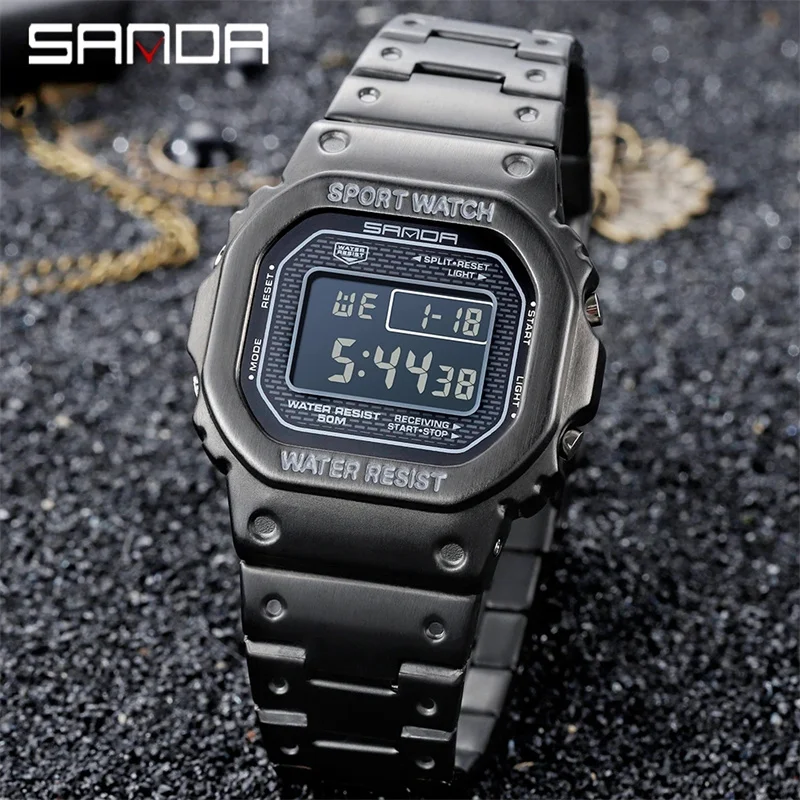 SANDA 390 2023 Hot Sell Digital Watch Luxury Multifunctional Men Clock Large Square Luminous Dial Steel Band Relogio Masculino