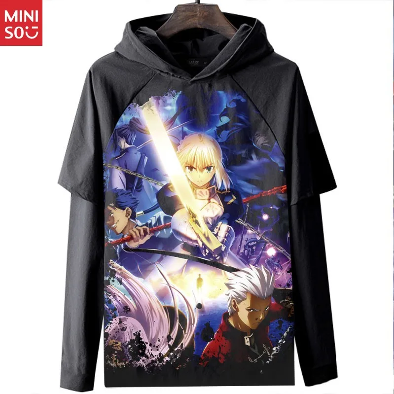 تي شيرت Miniso Fate Stay Night Fate Guard Night Sabre بأكمام طويلة ملابس مطبوعة رقمية ثلاثية الأبعاد