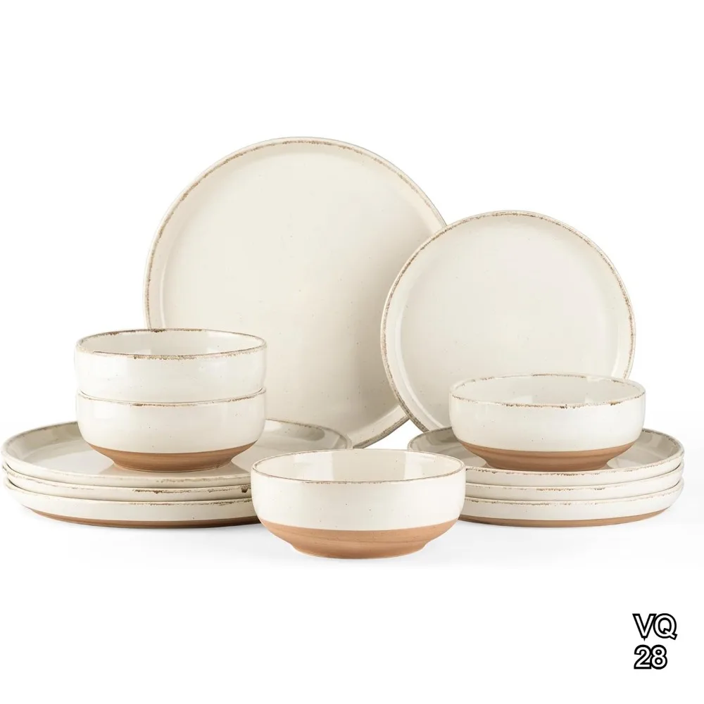 

12-Piece Ceramic Dinnerware Set for 4, Handpainted Plates & Bowls, Dishwasher & Microwave Safe Stoneware