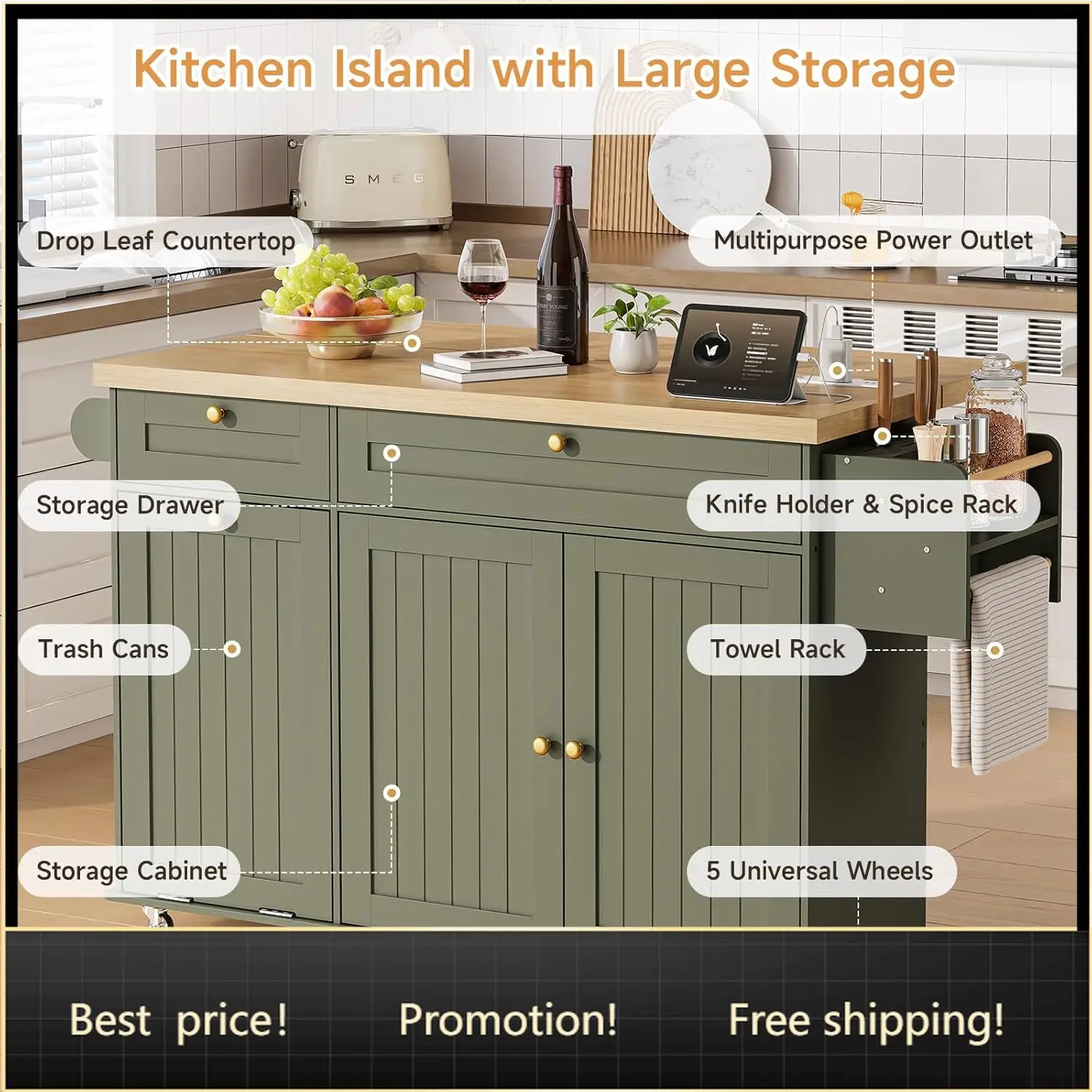 

60" Kitchen Island with Power Outlet & Drop Leaf, Kitchen Rolling Island with Spice Rack & Towel Rack, Knife Holder, Kitchen Isl
