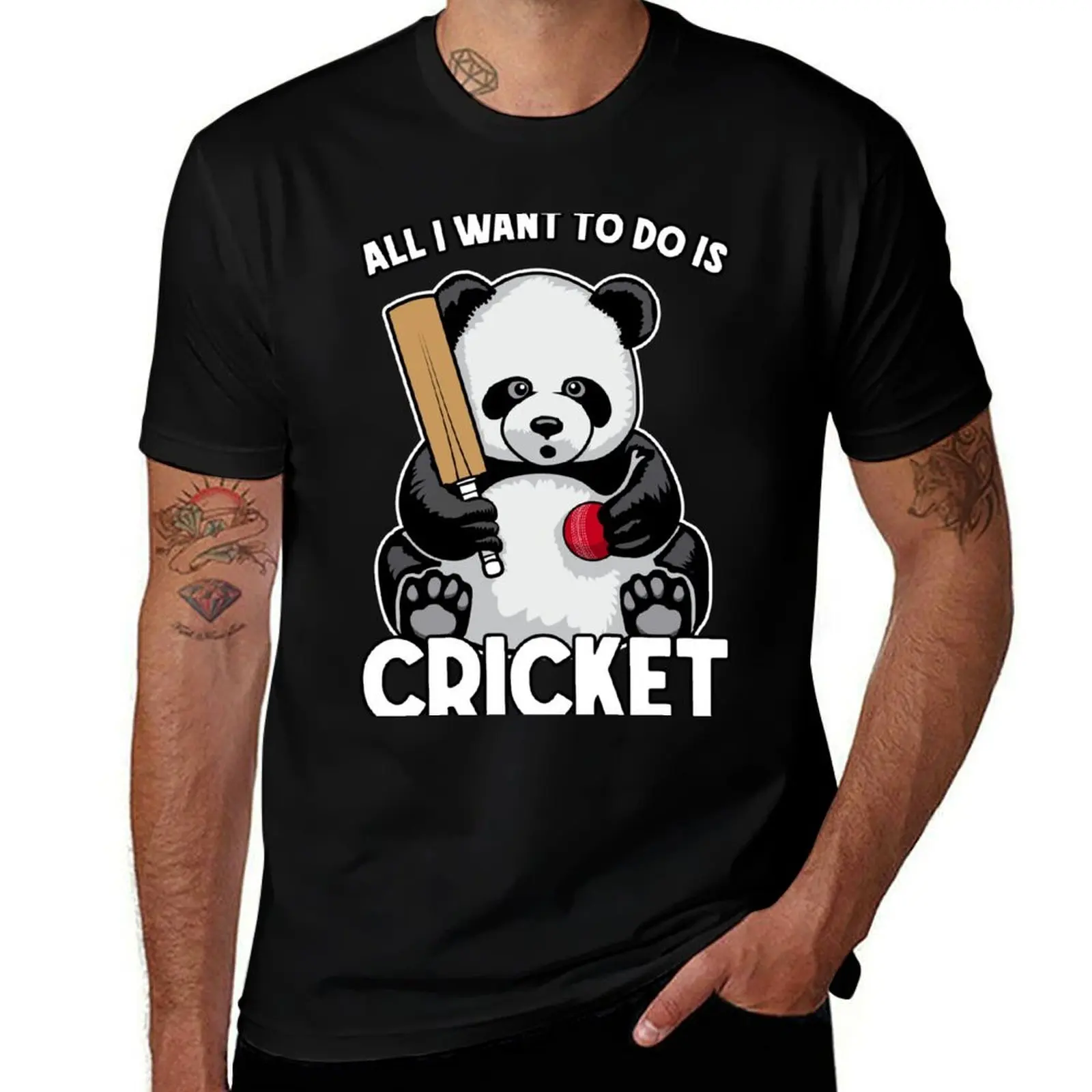 Panda Cricket All I Want To Do Is Cute Funny Bear Player T-Shirt Vintage Print Crew Neck Tee T-Shirt