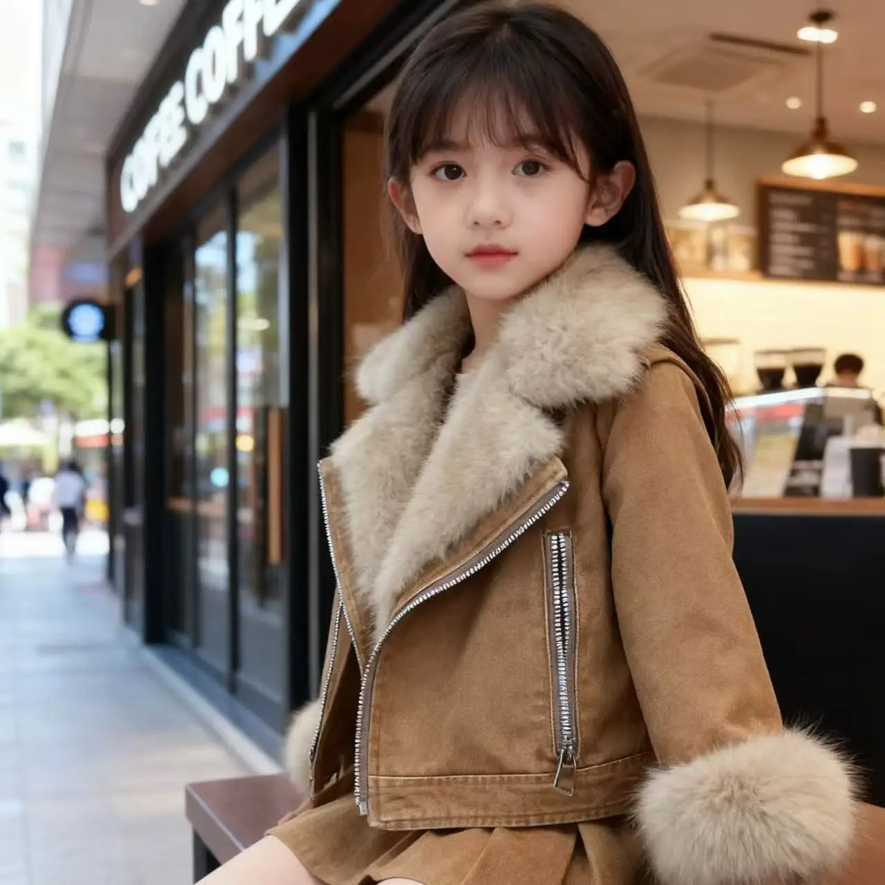 

Winter 2-piece Set for Girls Warm Lapel Solid Leather Top + Solid Leather Pleated Skirt Kids Clothes Girls Toddler Girl Clothes