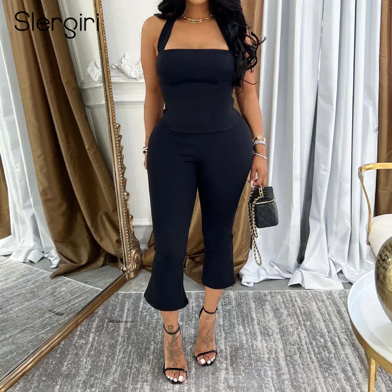 

Slergiri Women's Summer Two 2 Piece Set 2025 New Fashion Tie Backless Sleeveless Halter Top + Capri Pants Street Office Outfit