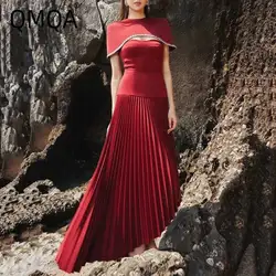 QMQA Fashion Women's Elegant 2 Pcs Dresses Diamonds Short Shawl Camisole Waist Pleated Asymmetric Dress Suit New Clothing 1A542