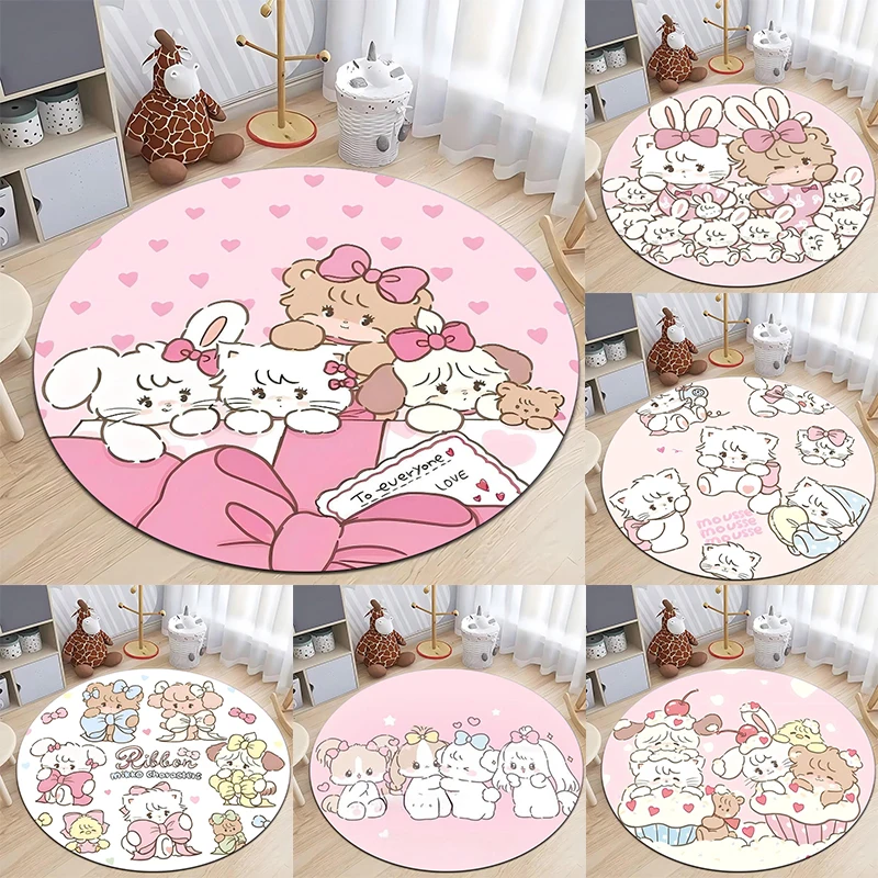 MINISO Cartoon Cute Mikko Print Round Rugs Kids Room Floor Mats Non-Slip Living Room Rugs Washable Carpet for Home Decor Mat