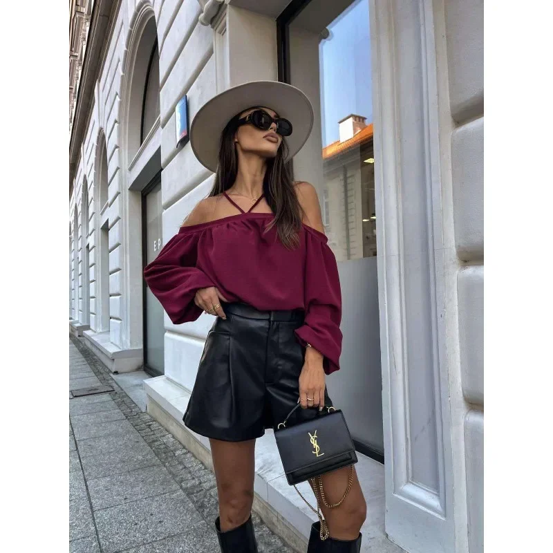 

Новая женская мода с открытыми плечами без бретелек с бретелькой на шее, сексуальная блузка, женская повседневная рубашка с длинными рукавами и леопардовым принтом, топы с открытой спиной