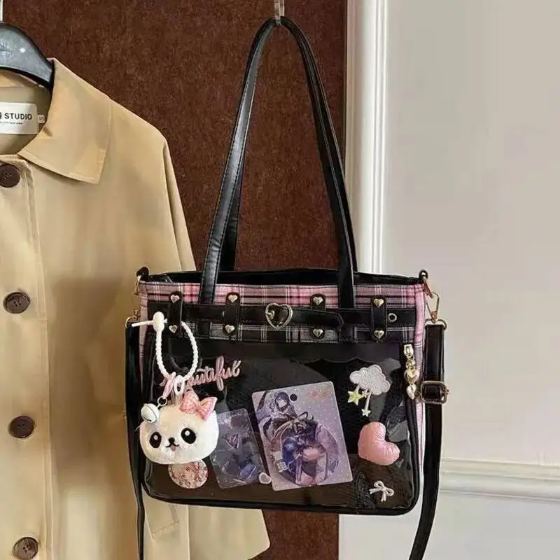 

Розовая клетчатая сумка Y2k, милая сумка через плечо с заклепками в форме сердца, Лолита для девочек, Itabag, прозрачная сумка-мессенджер в стиле Харадзюку, аниме, кавайные сумки для женщин