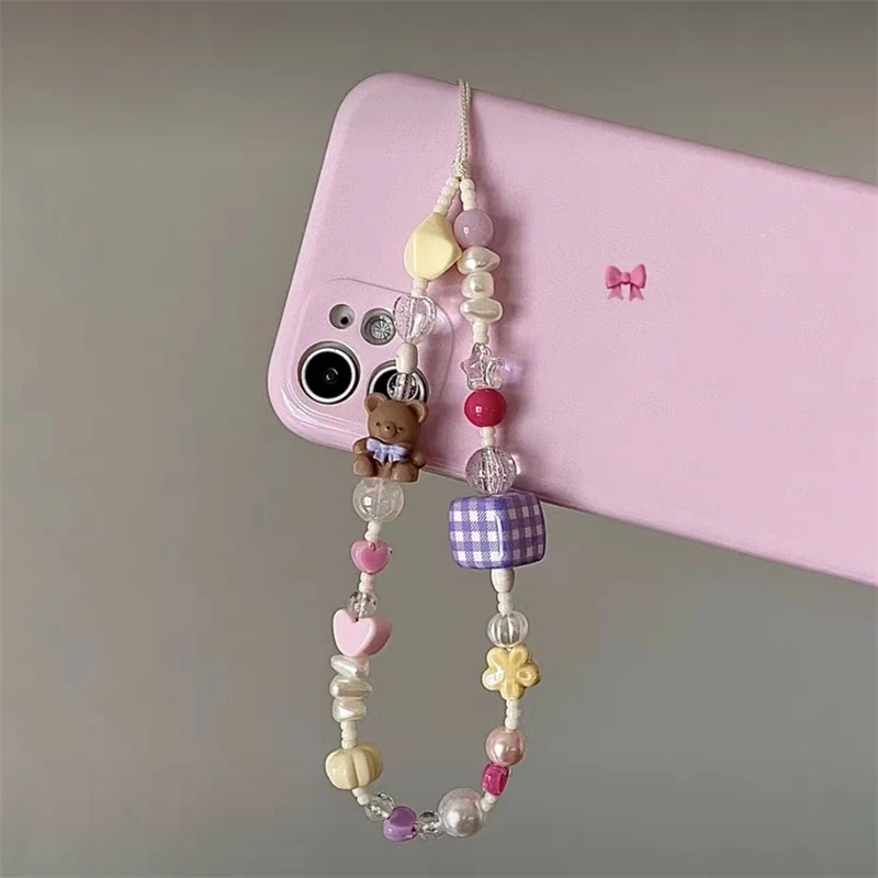 Korean Cute 3D Bear Flower Heart Beaded Phone Chain Charm Lanyard For iPhone 15 14 Samsung Universal Accessories Jewelry Pendant