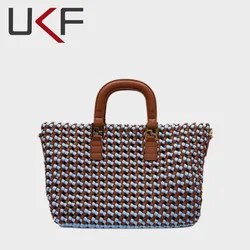 UKF Luxury Designer Bags PU Leather Woven Bag Women Large Tote Knited Handbags and Purse Large Shopper Daily Bag Patchwork Bucke