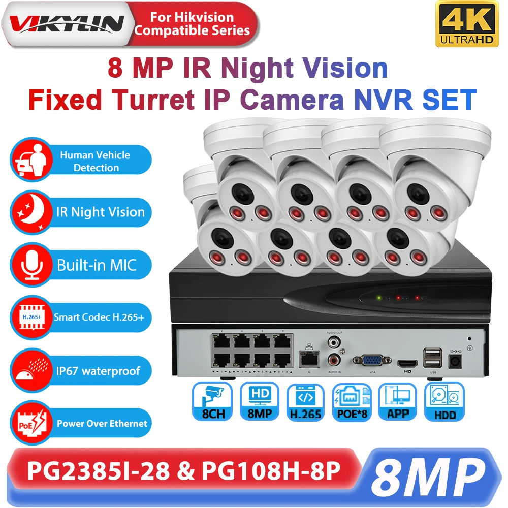 Vikylin 4K 8MP IR Night Vision IP Camera Home Outdoor CCTV Security System 8CH Network Video Recorder Video Surveillance Kit