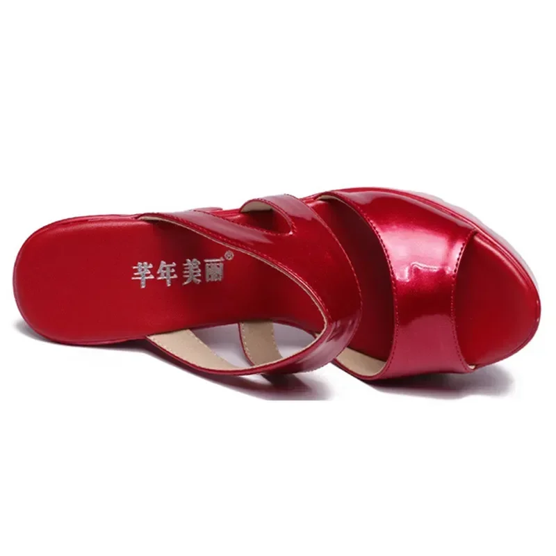 14cm Small Size 32-43 Sexy Soft Leather Slippers Summer Wedding Shoes Silver 2024 Block High Heels Slides Platform for Model