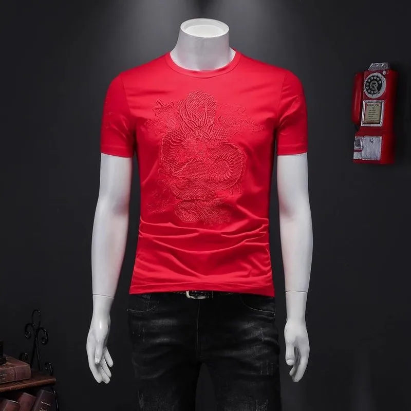 

Мужская летняя футболка с коротким рукавом и круглым вырезом в китайском стиле с вышивкой дракона, облегающий молодежный повседневный хлопковый топ