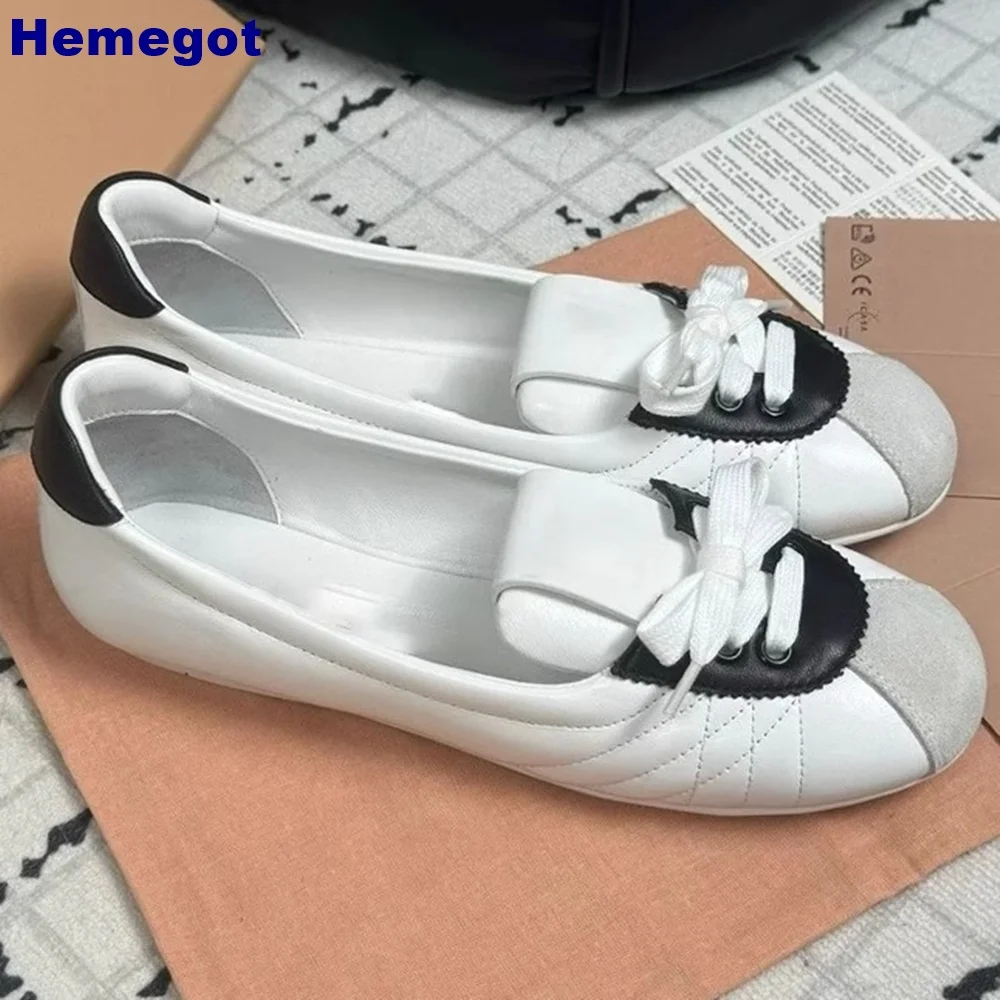 Genuine Leather Bow Round Mary Janes 2024 Summer New Sports Casual Flat Ballet Shoes Mixed Color Fashion Ladies Slip On Pumps