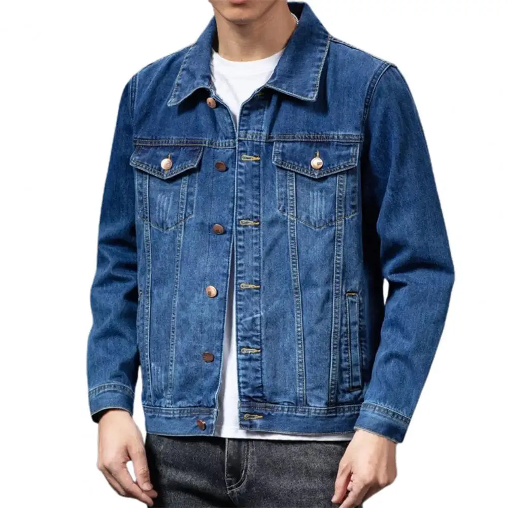 Spring Colorfast Men Jeans Coat Single-breasted Turn-down Collar Denim Cardigan Jacket Slim Fit Outwear jaqueta jeans masculina