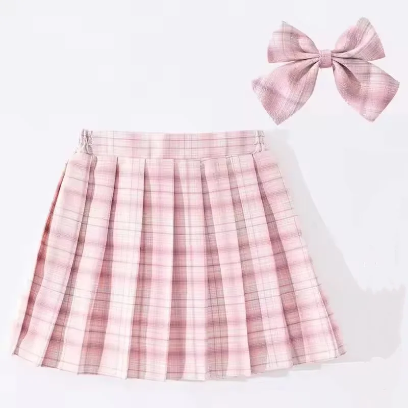 Korean Style Girls Pleated Skirt with Bow Spring Autumn Checkered Academy Look Kids Skirt for Girls