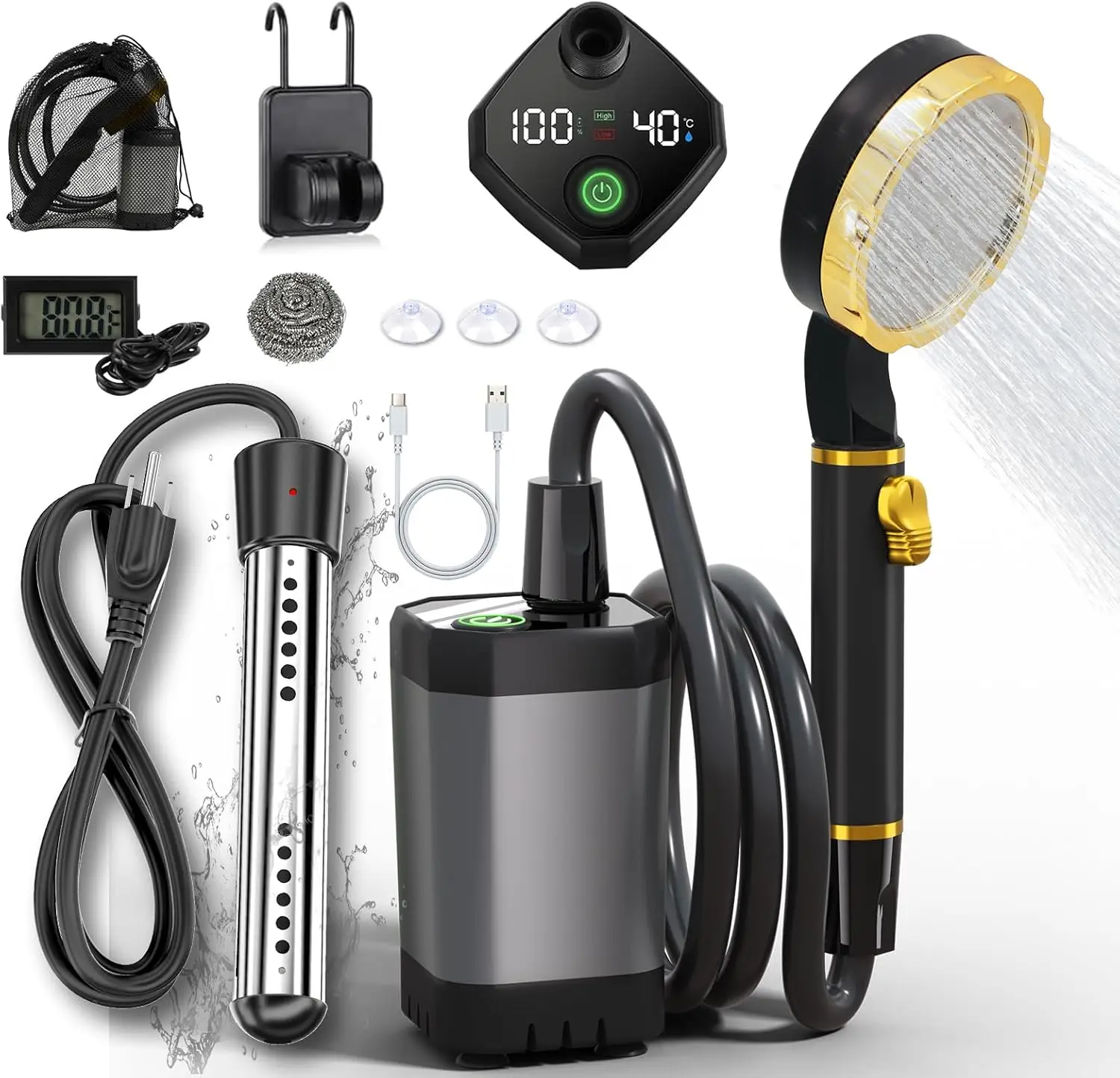 

Portable Camping Shower with Immersion Heater & LED Display, 6000mAh Rechargeable for Hiking, Travel, Pets, Car & Plant Watering