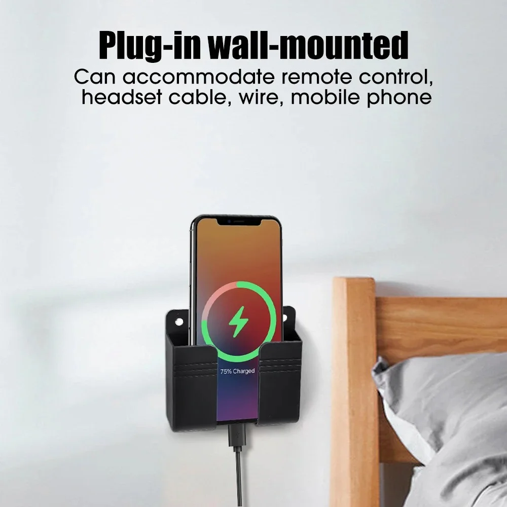 Wall Mounted Storage Box Phone Holder Punch Free Wall Mounted Storage Box TV Remote Control Mobile Phone Plug Charging Holder