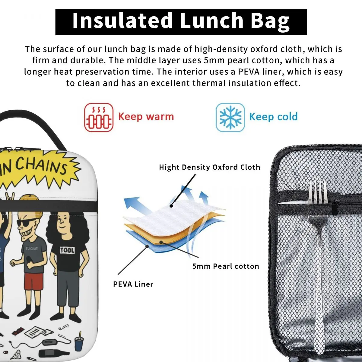 앨리스 인 체인 더트 런치 백 휴대용 지퍼 도시락 가방 성인 야외 피크닉 그래픽 쿨러 백 레저 옥스포드 토트 푸드 백