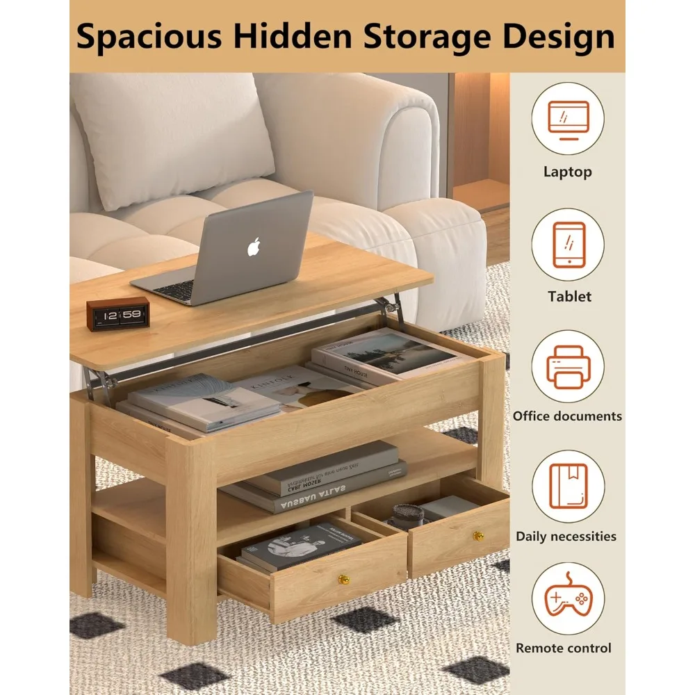 44 طاولة قهوة قابلة للرفع مع حجرة تخزين مخفية ودرجين، طاولة واسعة قابلة للتحويل، سطح رفع هيدروليكي بدون جهد، #5