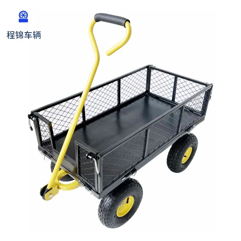 Side‑Removable Steel Garden Cart, Heavy‑Duty Steel Mesh 4‑Wheel Utility Hauling Wagon