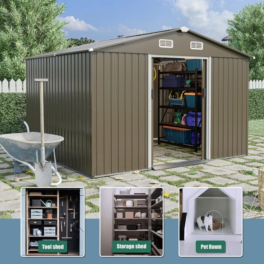 10FT x 8FT Outdoor Storage Shed, Waterproof, Lockable Door Metal Tool Shed with Sliding Door and Air Vents, Storage House