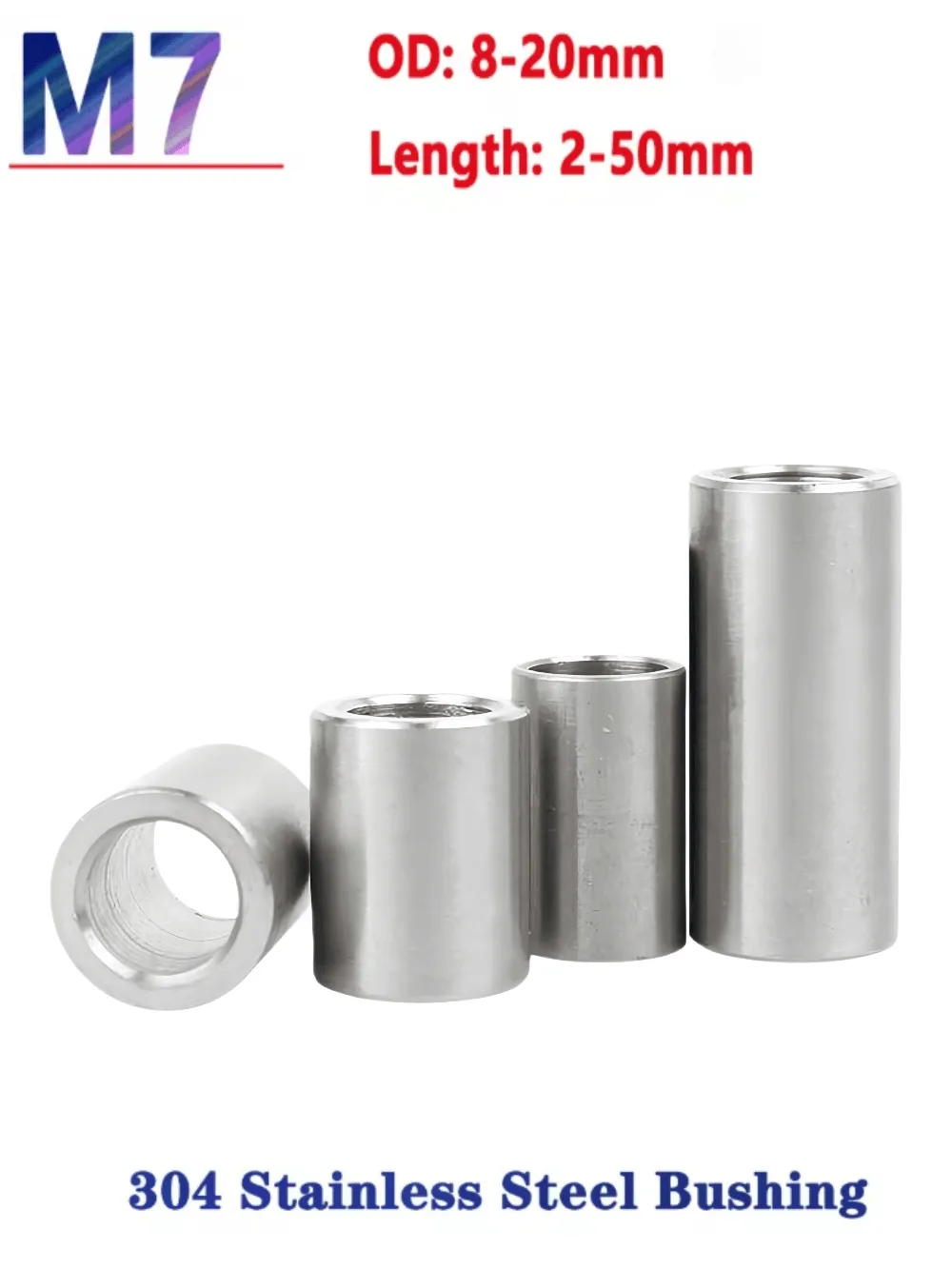 M7 304 Stainless Steel Unthreaded Bushing Washer 2‑10Pcs, Hollow Spacer Sleeve OD8‑20mm Length 2‑50mm Industrial Hardware