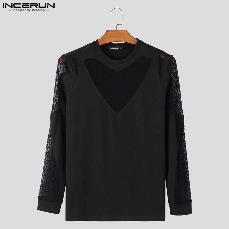 INCERUN 2024 Stylish Men's Clothing O-neck Splicing T-shirts Sexy Leisure Male See-through Mesh Thin Long Sleeved Camiseta S-5XL