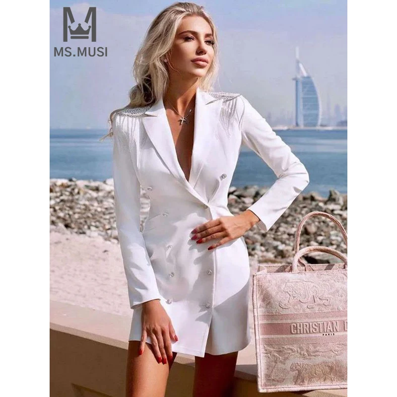 

MSMUSI 2024 New Fashion Women Sexy Lapel Crystal Tassels Double-Breasted Long Sleeve Bodycon Party Club Event Blazer Mini Dress