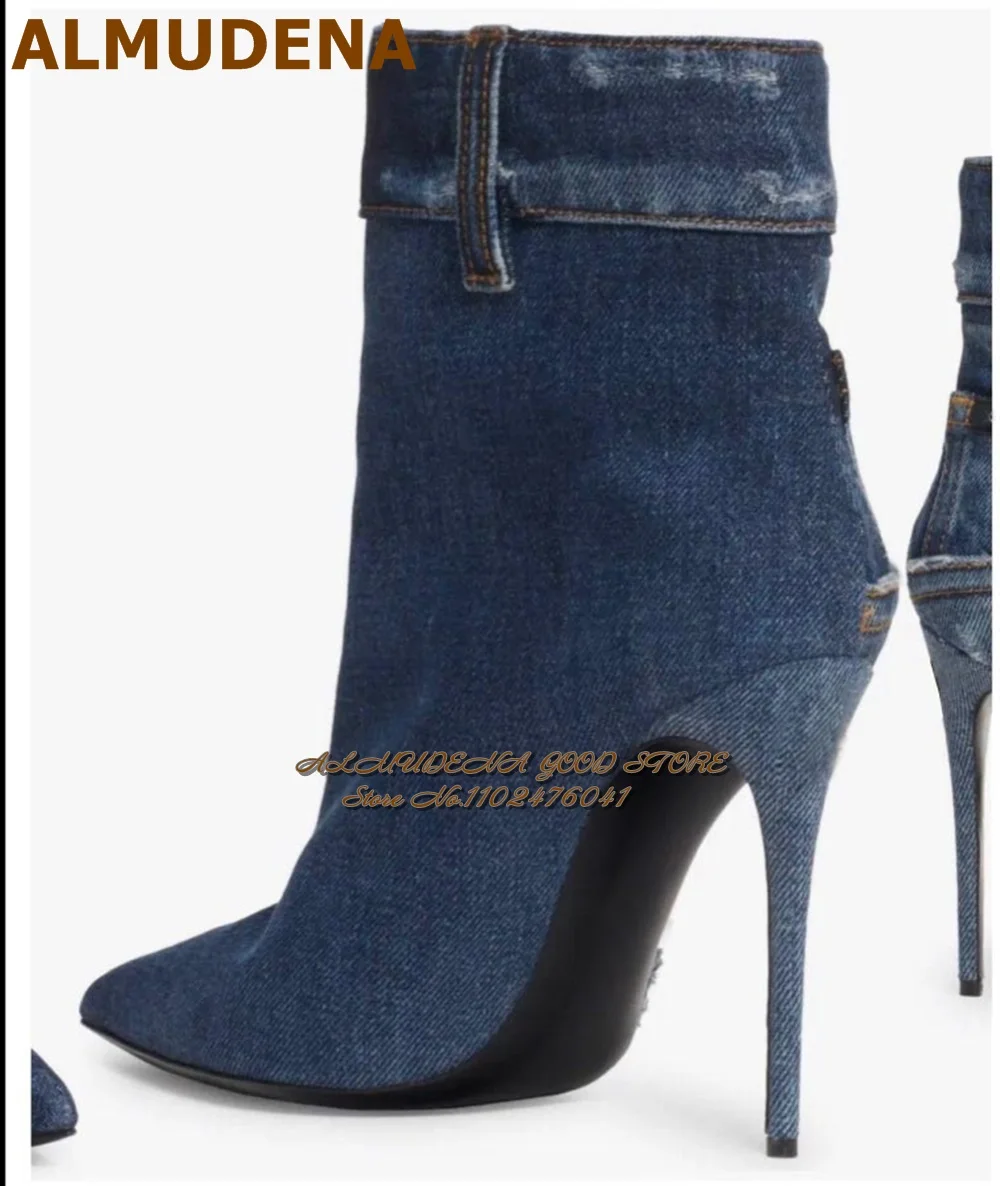 Almudena azul denim stiletto salto tornozelo botas apontou toe jeans bolso padrão fivela botas curtas elegantes sapatos de festa