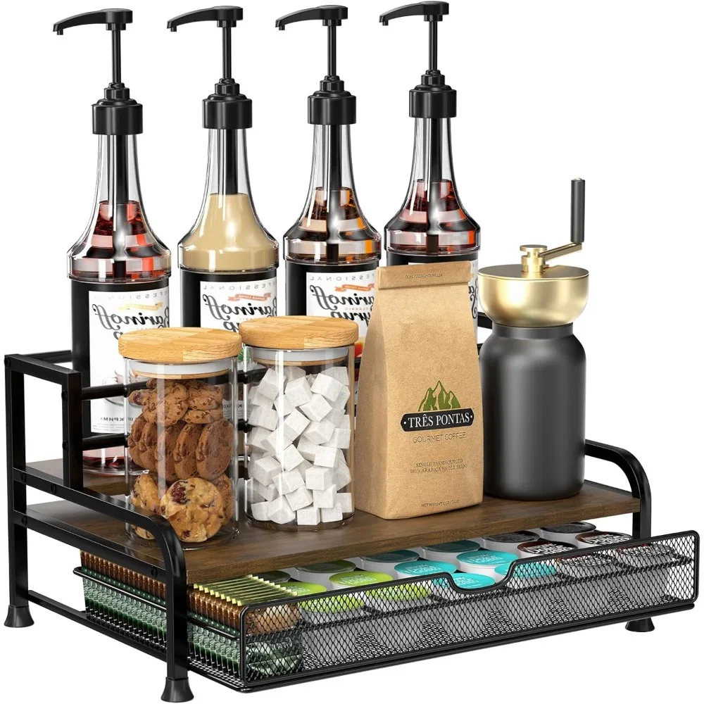 3-Tier Coffee Syrup Rack with Pull-Out Drawer for 8 Bottles and 35 K-Cups, Space-Saving Kitchen Organizer