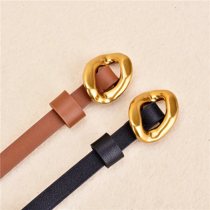 Irregular Metal Gold Buckle Full Grain Leather Slim Waistbands for Women Fashion Black Brown Jeans Dress Corset Belts Cowhide