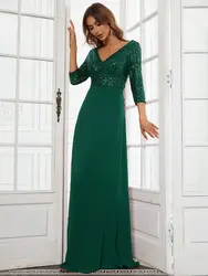 New Middle Eastern Women's Chiffon Double V-neck Long Skirt A-line Big Swing Sequined Splicing Evening Dress Bridesmaid Dress