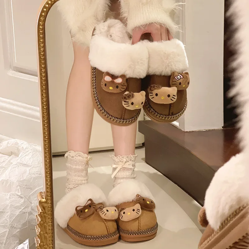 Anime Hello Kitty Plush Slippers Y2K Sanrio Women Cotton Slipper Cute Cartoon Warm Home Shoes Outdoor Antiskid Flat Slippers