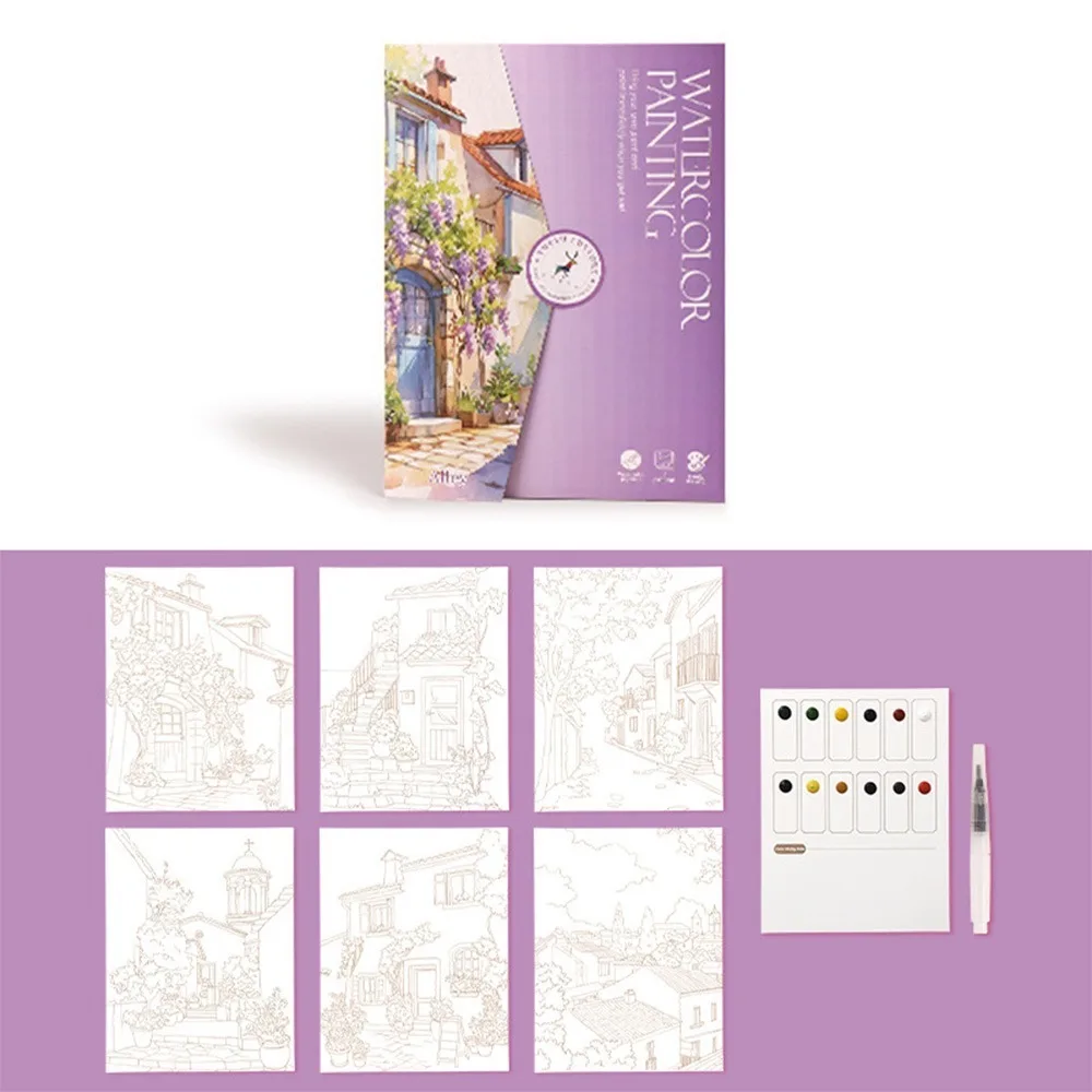 6-Page Foldable Watercolor Painting Kit 12 Colors With Painting Brush Watercolor Sketchbook High-Quality Paper Various Designs