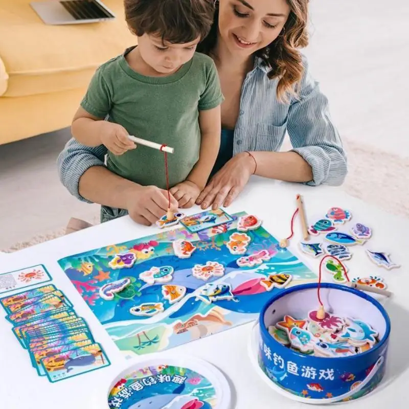 20/30/51개 교육용 장난감 나무 자석 낚시 게임 장난감 세트 어린이용 만화 물고기 장난감