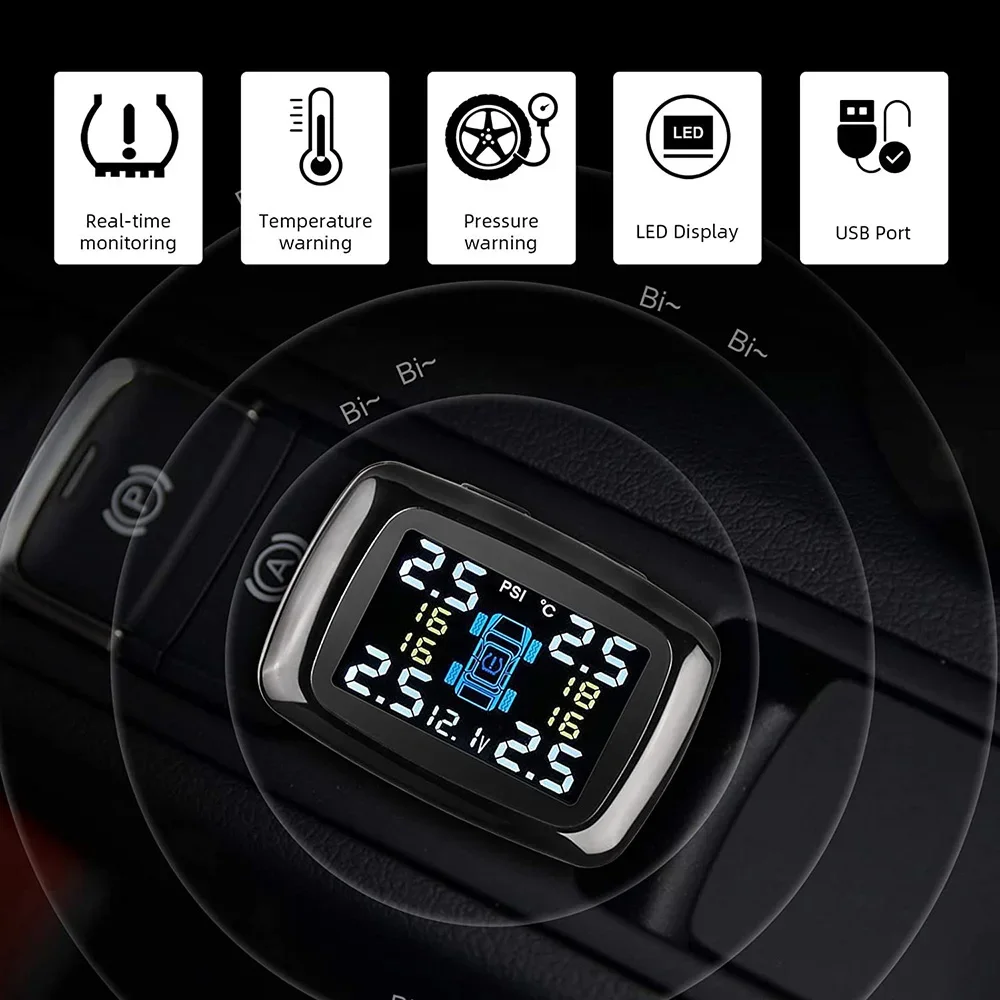 Car TPMS Cigarette Lighter Wireless Universal TPMS USB Digital tpms Tire Pressure Alarm System 4 External Internal Sensor