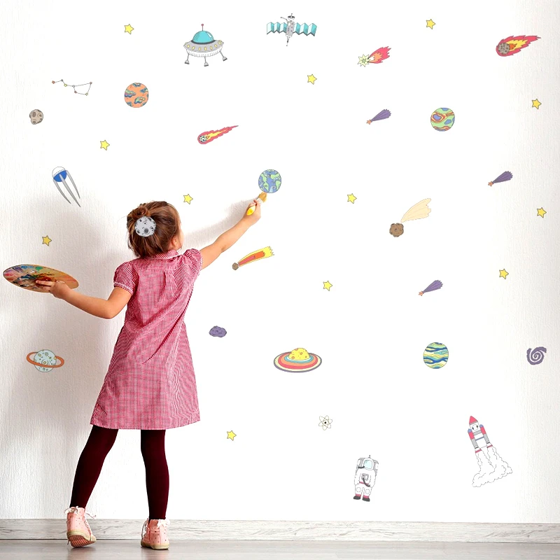 Cartoon Universe Planet Self-adhesive Wall Stickers Home PVC Removable Decals for Nursery Kids Bedroom Kindergarten DIY Posters