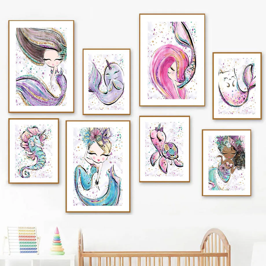 

Pretty Mermaid Princess Cat Sea Turtle Seahorse Starfish Wall Art Canvas Painting Posters And Prints Pictures Kids Room Decor