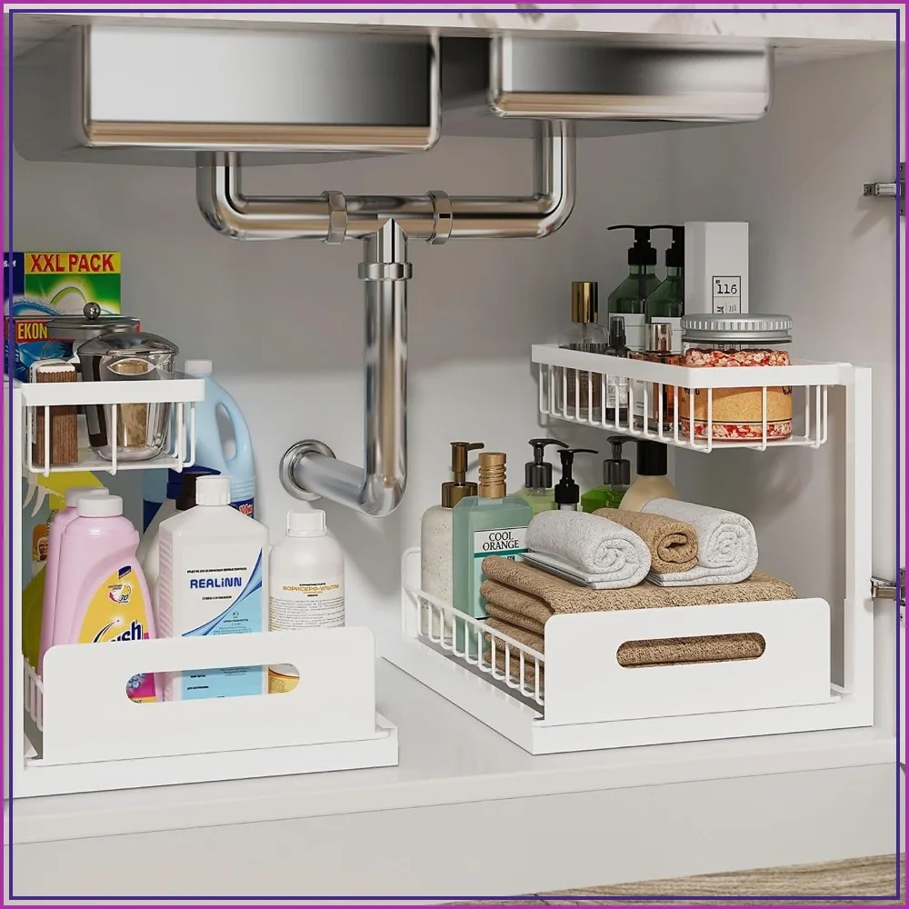 

Under Sink Organizer 2 Pack, Pull Out Cabinet Shelf L-Shaped for Pipes, Heavy Duty Metal Slide Out Storage for Kitchen Bathroom Laundry, White