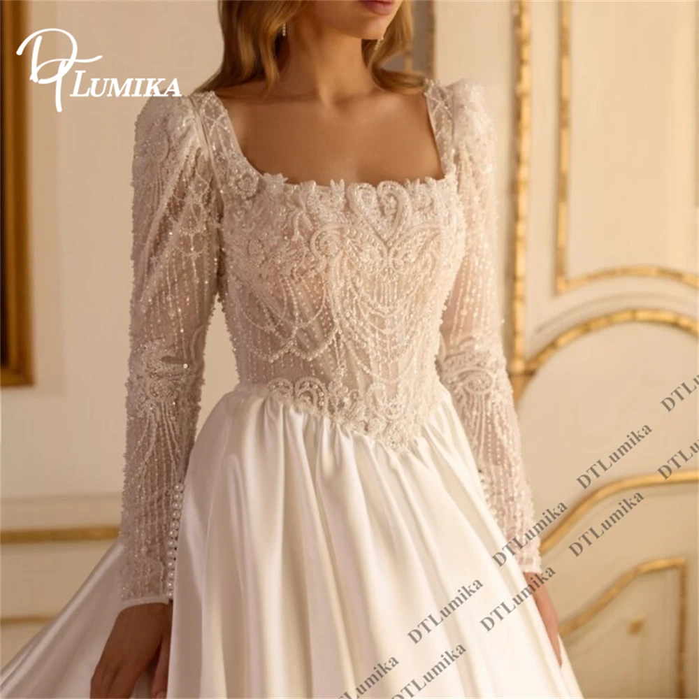 

DTLumika Beaded Bride Dress with Full Sleeves and Satin Skirt, A Line Long Train Wedding Dresses Customized Size Bridal Gown