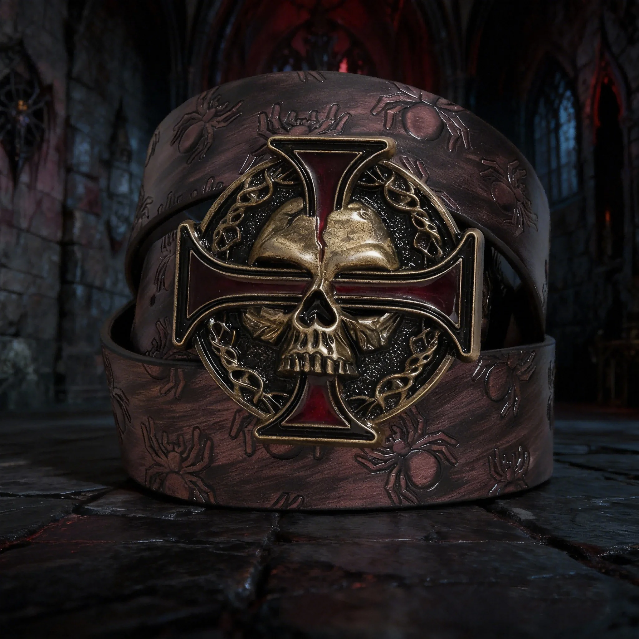 Cinturón en relieve con diseño de araña y hebilla de metal con calavera cruzada punk Y2K estilo oscuro retro color café para hombre, fiesta de otoño e invierno ev