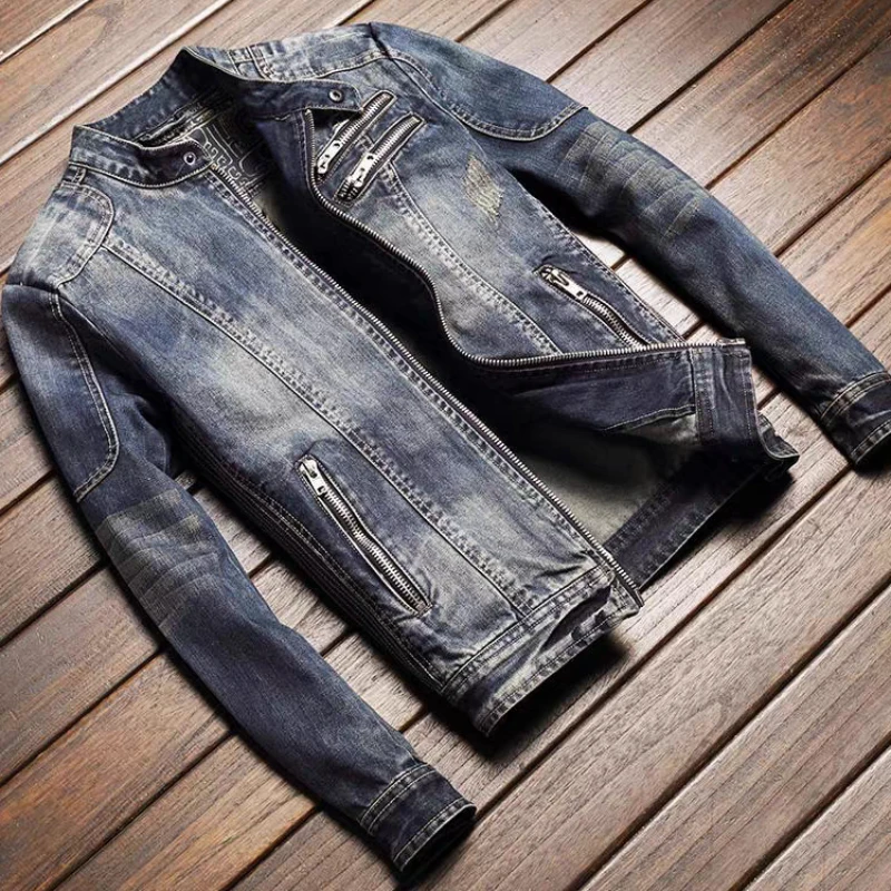 Men's Retro Denim Jacket Casual Oversized Stand Up Collar Zippered Jacket Cycling Motorcycle Coat Trend Loose Fit Top