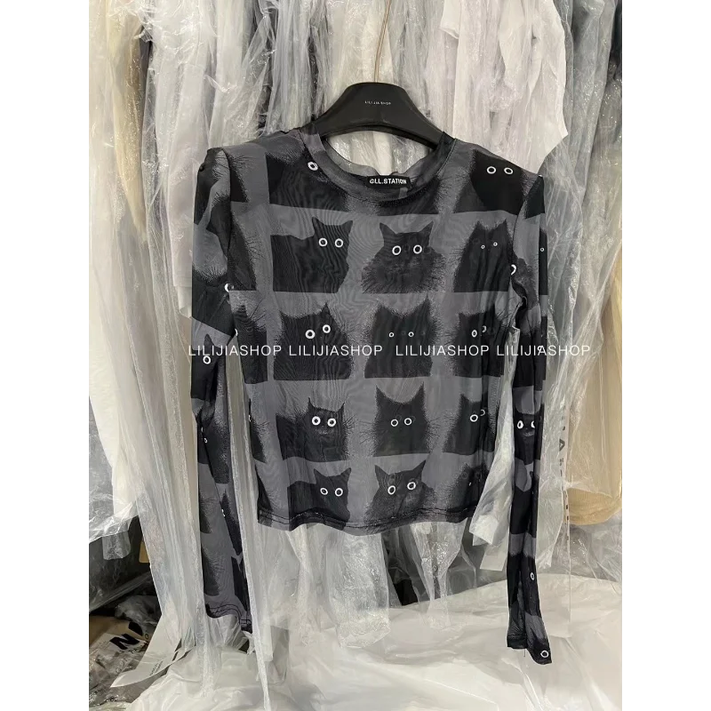 

Autumn New Cat Print Bottoming Shirt Round Neck Mesh Thin Slightly See-through T-shirt for Women