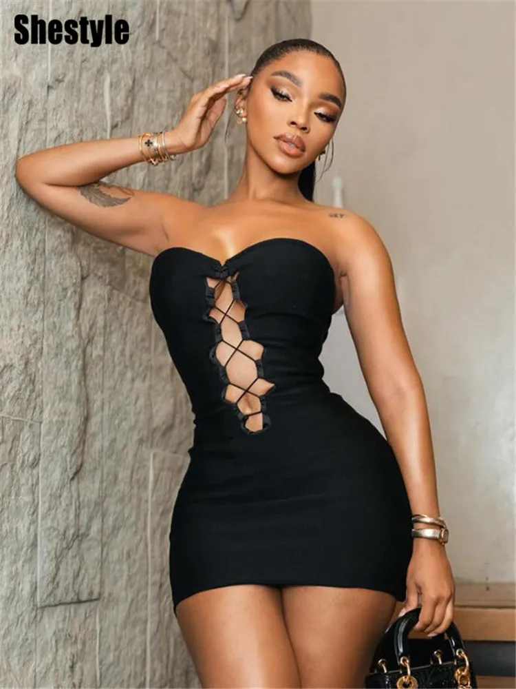 

Shestyle Hollow Out Strapless Sheath Dresses Women Black Cross Bandage Sexy Solid Slim Bodycon Fitness Outfits Punk Seductive