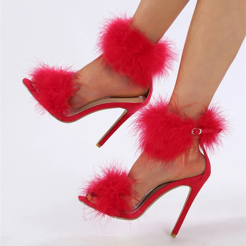 Liyke Summer Fashion Faux Fur Ankle Strap Sandals Women Open Toe Fluffy Feather High Heels Party Dress Shoes Sandalias De Mujer